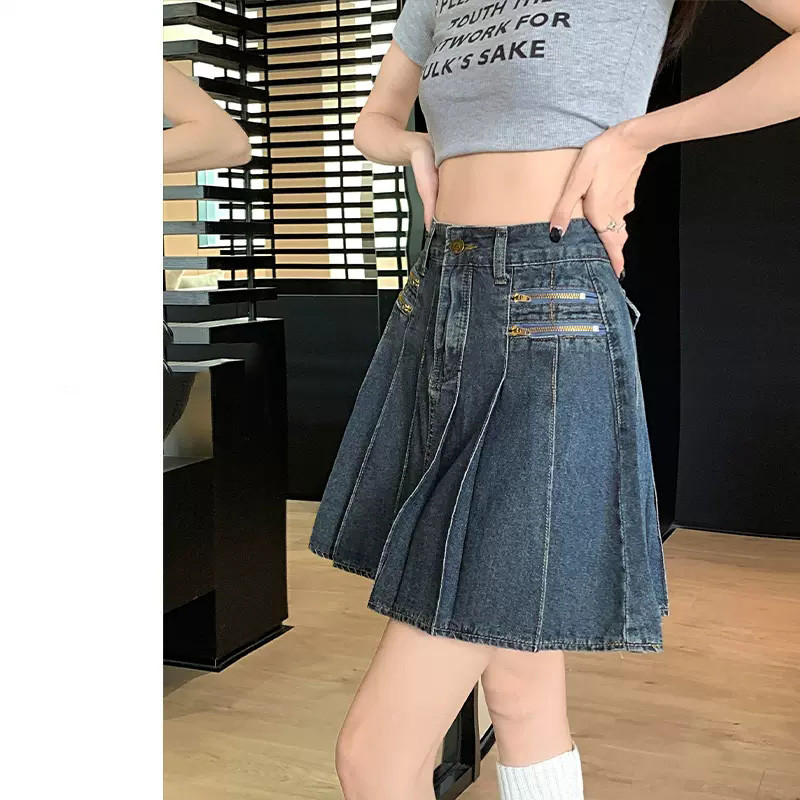Mini fustă plisată de denim de vară pentru femei noi, la modă, ocazională, cu talie înaltă, fustă albastră, vintage, cu dimensiuni mari, blugi