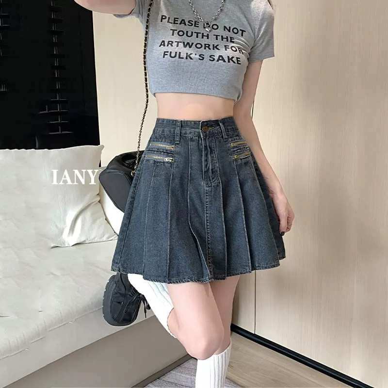 Mini fustă plisată de denim de vară pentru femei noi, la modă, ocazională, cu talie înaltă, fustă albastră, vintage, cu dimensiuni mari, blugi