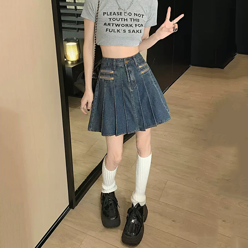 Mini fustă plisată de denim de vară pentru femei noi, la modă, ocazională, cu talie înaltă, fustă albastră, vintage, cu dimensiuni mari, blugi