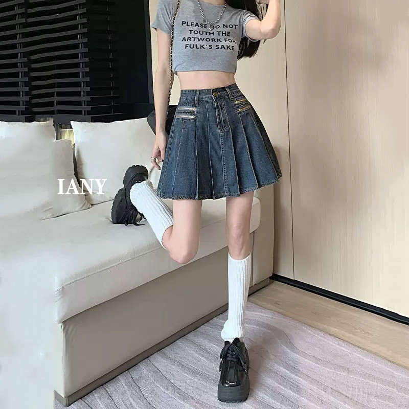 Mini fustă plisată de denim de vară pentru femei noi, la modă, ocazională, cu talie înaltă, fustă albastră, vintage, cu dimensiuni mari, blugi