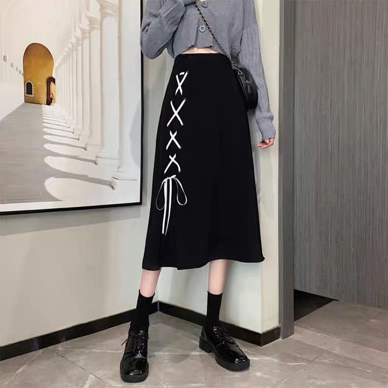 Primăvară Vară Nouă șiretură Plus Size Jumătate Fustă în formă de A Talie înaltă Culoare uni Fute largi, toate se potrivesc, Moda Casual Îmbrăcăminte pentru femei