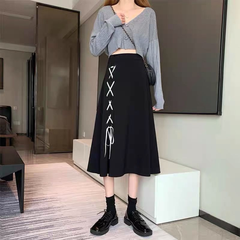 Primăvară Vară Nouă șiretură Plus Size Jumătate Fustă în formă de A Talie înaltă Culoare uni Fute largi, toate se potrivesc, Moda Casual Îmbrăcăminte pentru femei