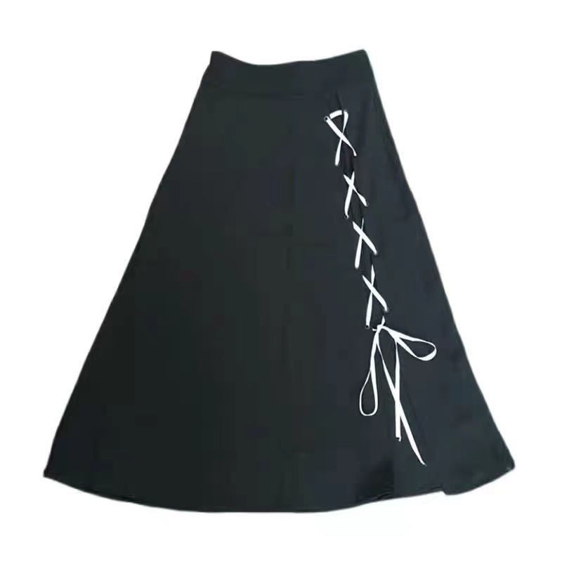 Primăvară Vară Nouă șiretură Plus Size Jumătate Fustă în formă de A Talie înaltă Culoare uni Fute largi, toate se potrivesc, Moda Casual Îmbrăcăminte pentru femei