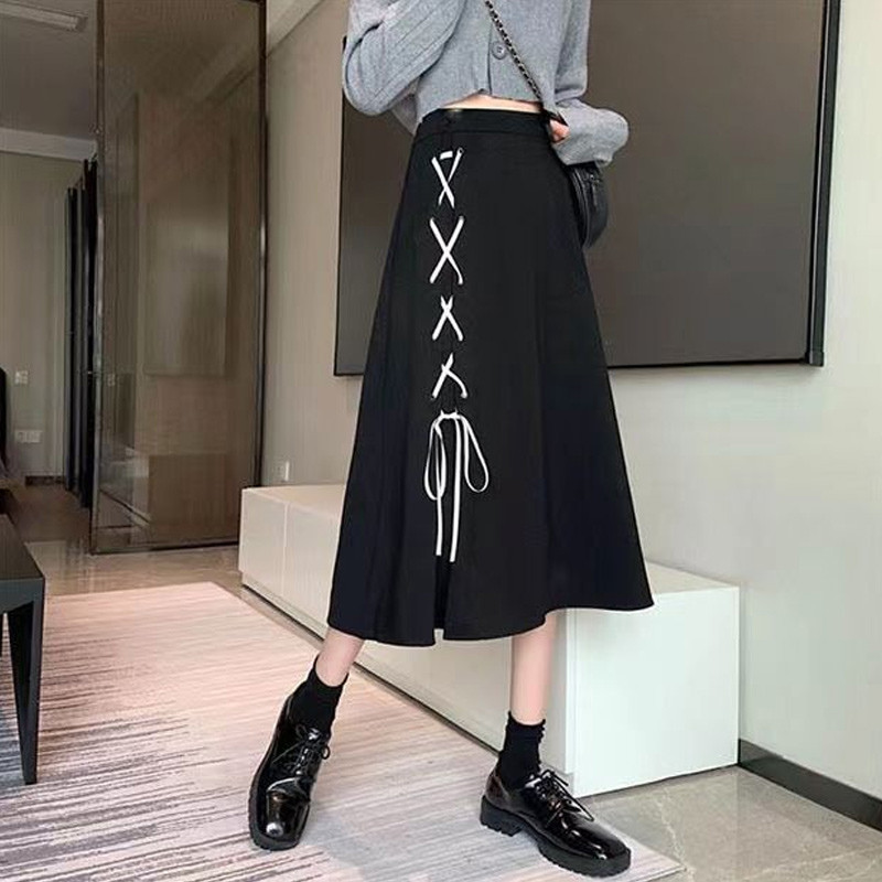 Primăvară Vară Nouă șiretură Plus Size Jumătate Fustă în formă de A Talie înaltă Culoare uni Fute largi, toate se potrivesc, Moda Casual Îmbrăcăminte pentru femei