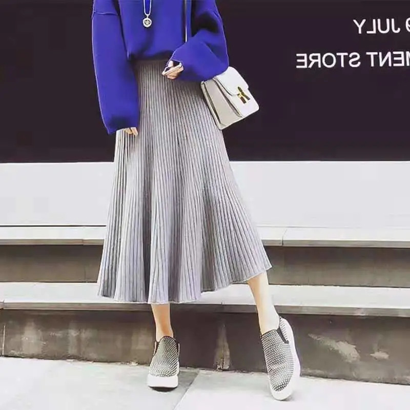 Téli Plus Size Vastag Meleg Big Swing Fekete Kötött Pulóver Szoknyák Női Rugalmas Magas Derekú Midi Hosszú A-vonalú Kötött utcai ruhák