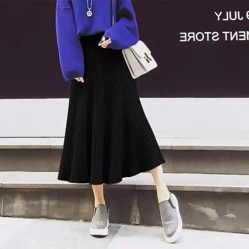 Téli Plus Size Vastag Meleg Big Swing Fekete Kötött Pulóver Szoknyák Női Rugalmas Magas Derekú Midi Hosszú A-vonalú Kötött utcai ruhák