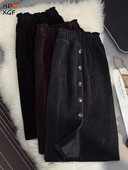 Zimske korduroy velike midi suknje veličine 5xl za žene Korejska modna topla suknja s džepovima visokog struka Ravna suknja za sve vrste