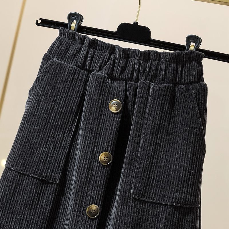 Zimske korduroy velike midi suknje veličine 5xl za žene Korejska modna topla suknja s džepovima visokog struka Ravna suknja za sve vrste