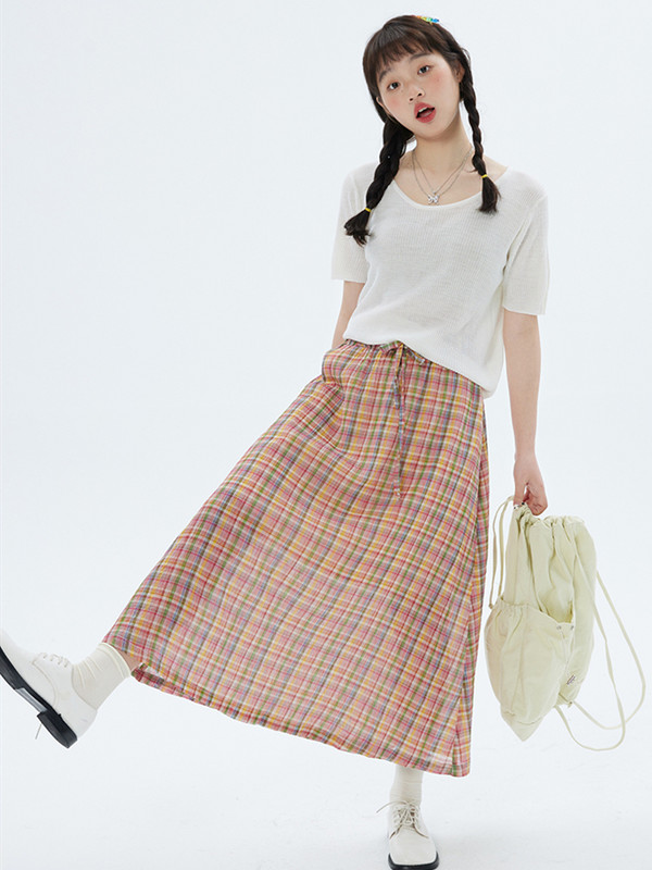 Kevadine pitsiga vikerkaare ruuduline seelik Naiste vabaaja kõrge vöökohaga Boho A-joonega seelikud Elegant Street Falda Midi Mujer