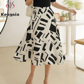 2023 Fuste din șifon de vară Plus Size 5XL Imprimare liberă Geometrică Office Lady Fusta de lucru A-Line Talie elastică Femei Fund KE2743