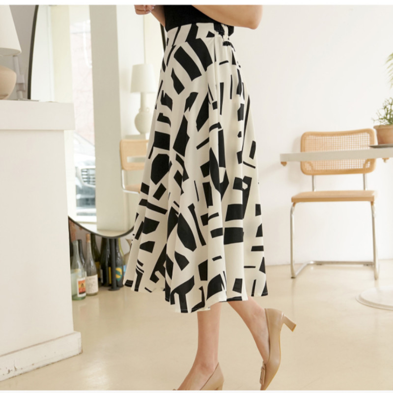 2023 Fuste din șifon de vară Plus Size 5XL Imprimare liberă Geometrică Office Lady Fusta de lucru A-Line Talie elastică Femei Fund KE2743