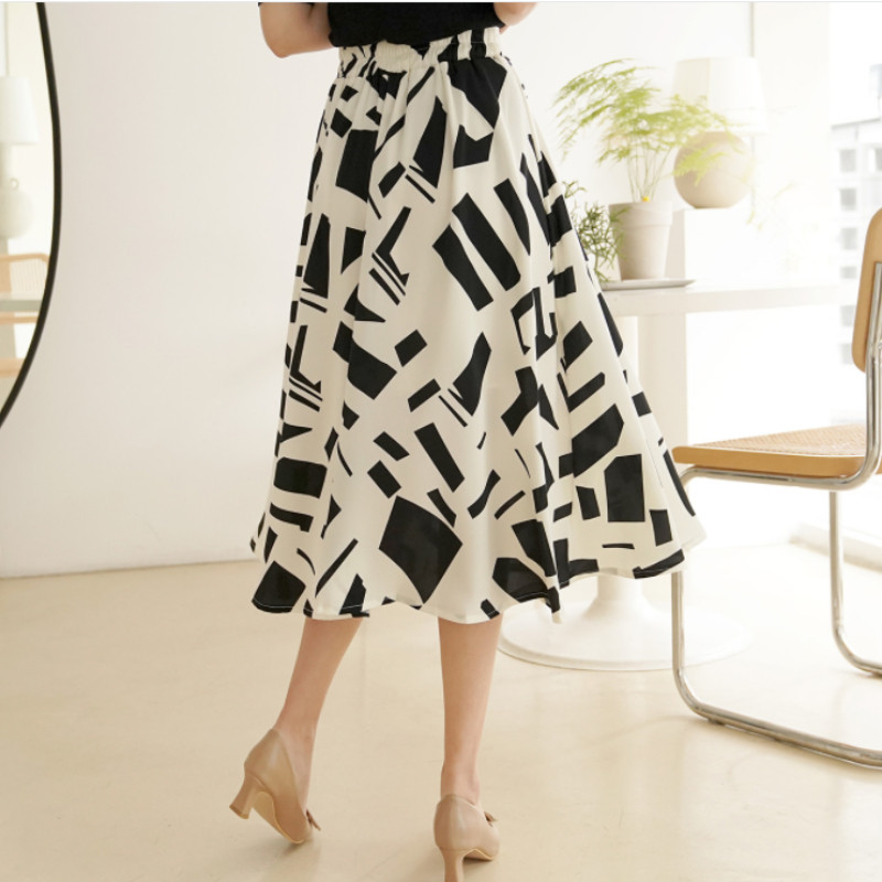 2023 Fuste din șifon de vară Plus Size 5XL Imprimare liberă Geometrică Office Lady Fusta de lucru A-Line Talie elastică Femei Fund KE2743