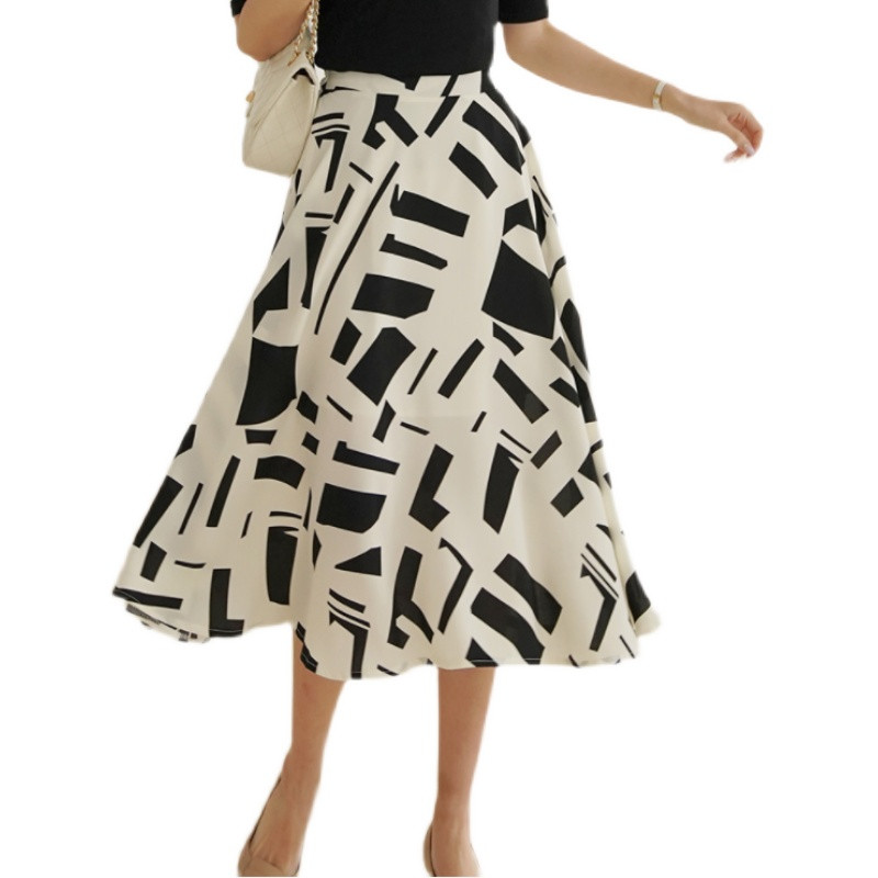 2023 Fuste din șifon de vară Plus Size 5XL Imprimare liberă Geometrică Office Lady Fusta de lucru A-Line Talie elastică Femei Fund KE2743
