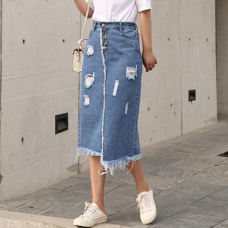 Ženske traper maksi suknje Ljeto 2023. Duga traper suknja visokog struka plus veličina 4xl 5xl 6xl 7XL Jupes Femininas s nepravilnim poderanim rupama