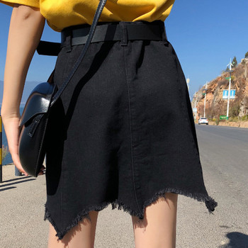 Летни черни модни дамски поли с джобове Моливни поли Женски големи размери Млади момичета Дънкова пола с необработен подгъв