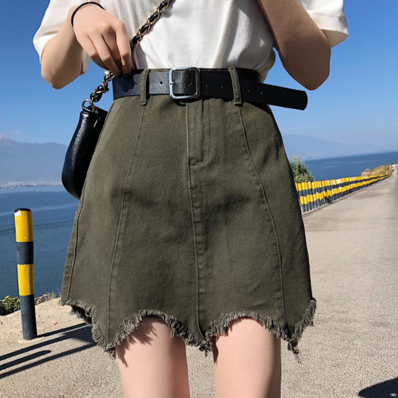 Suvised mustad moerõivad naiste ahastuses seelikud taskupliiatsseelikud naistele suures suuruses noortele tüdrukutele ebaregulaarse tooresäärega teksaseelik