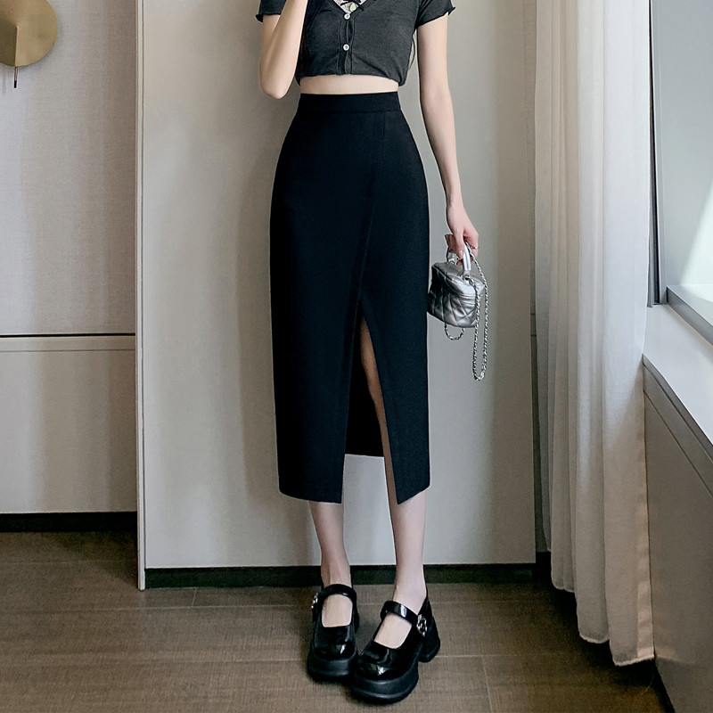 Must ebaregulaarne seelik Naiste kevadsuvi kõrge vöökohaga õhukesed keskmise pikkusega vihmavarjuseelikud, suures suuruses põhjaga vintage Y2k riided