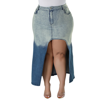 Женска дънкова пола с голям размер Модна изпрана дамска пола с градиентна цепка с висока талия Лято Всички съвпадения Streetwear