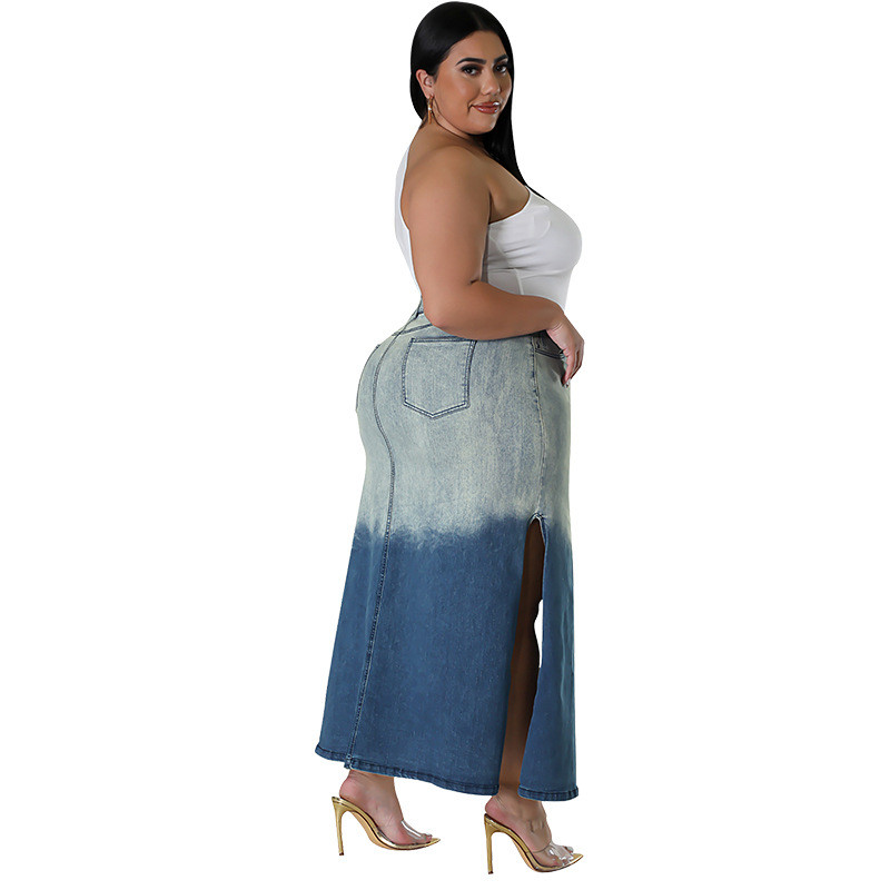 Női molett farmerszoknya, divatos színátmenet, hasított, magas derekú, mosott női szoknya nyári, mindenhez illő utcai ruházathoz