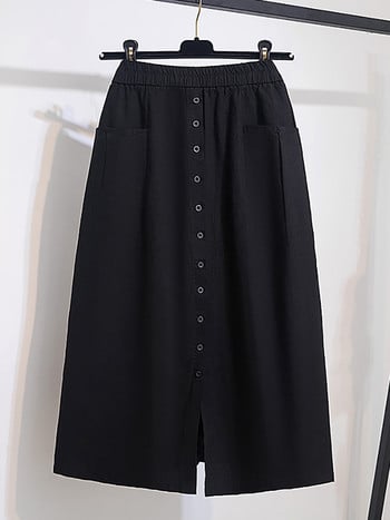 Памучна пола с копчета с еластична талия 2024 г., ретро миди пола с джоб за пролет и есен, дамско облекло с големи размери каки черно