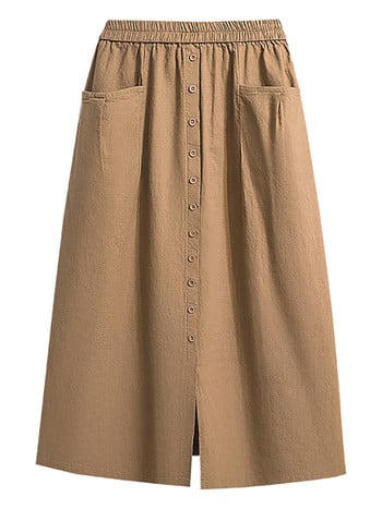 Памучна пола с копчета с еластична талия 2024 г., ретро миди пола с джоб за пролет и есен, дамско облекло с големи размери каки черно