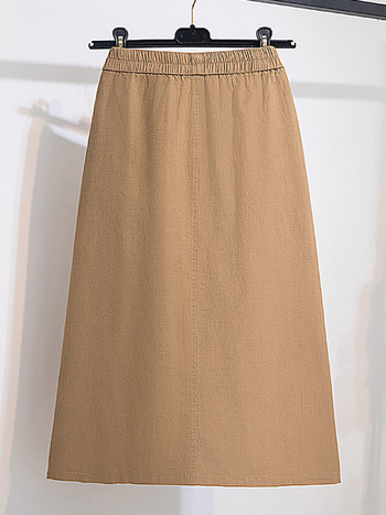 2024 Βαμβακερή φούστα με ελαστική μέση με κουμπιά, Vintage μίντι φούστα τσέπης για την άνοιξη και το φθινόπωρο, γυναικεία ρούχα Plus Size Khaki Black