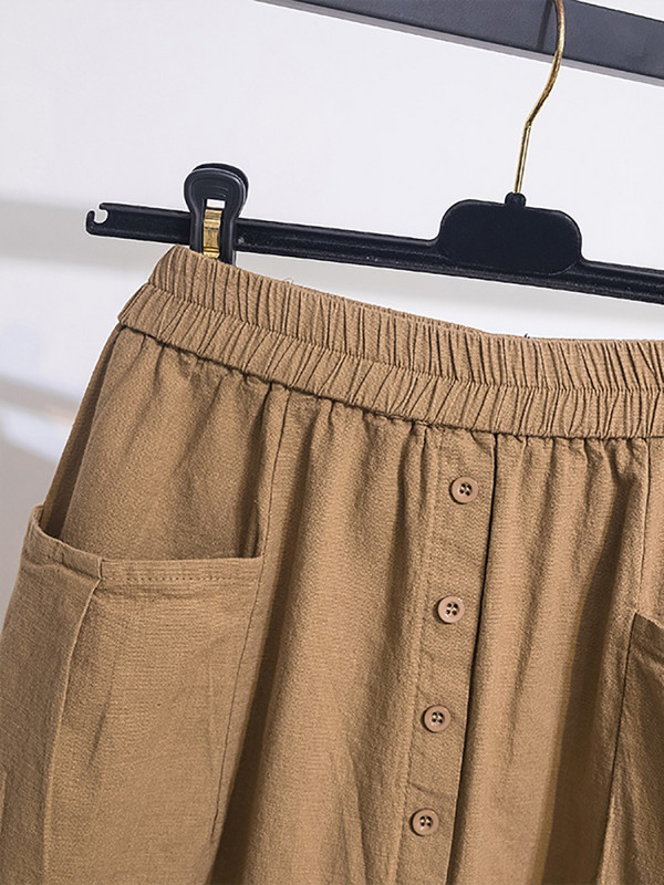 2024-es tömör elasztikus derékgombos pamut szoknya, vintage zsebes Midi szoknya tavaszra és őszre, női ruházat nagy méretű, khaki fekete