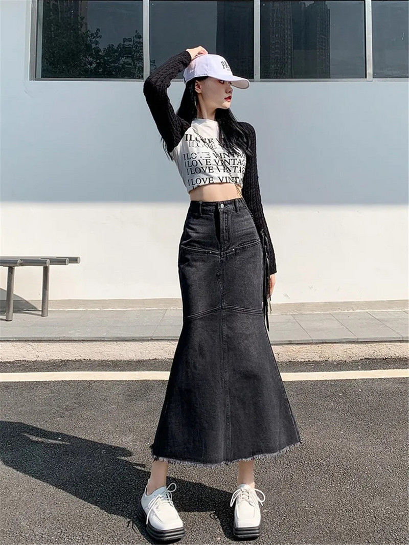 Τζιν Γυναικείες φούστες Ψηλόμεση Vintage Μαύρο Plus μέγεθος 5xl Αμερικάνικα streetwear Ulzzang Students Spring Chic Trendy Gothic Faldas