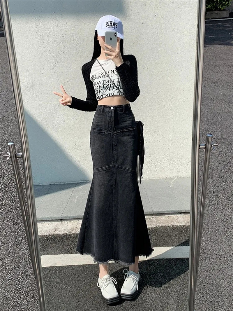 Τζιν Γυναικείες φούστες Ψηλόμεση Vintage Μαύρο Plus μέγεθος 5xl Αμερικάνικα streetwear Ulzzang Students Spring Chic Trendy Gothic Faldas