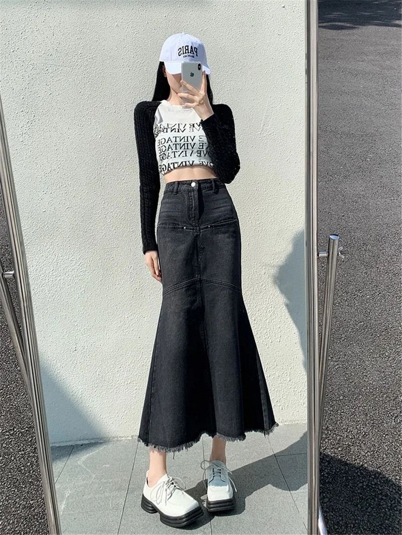 Τζιν Γυναικείες φούστες Ψηλόμεση Vintage Μαύρο Plus μέγεθος 5xl Αμερικάνικα streetwear Ulzzang Students Spring Chic Trendy Gothic Faldas