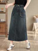 NYFS 2024 suvine uus vintage naiste teksaseelik lahtine plusssuuruses suure taskuga pikad seelikud Faldas Mujer Saias