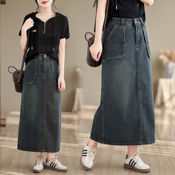 NYFS 2024 Лято Нова ретро дамска дънкова пола Свободна дълга пола с голям джоб с голям размер Faldas Mujer Saias
