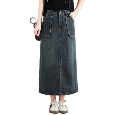 NYFS 2024 suvine uus vintage naiste teksaseelik lahtine plusssuuruses suure taskuga pikad seelikud Faldas Mujer Saias