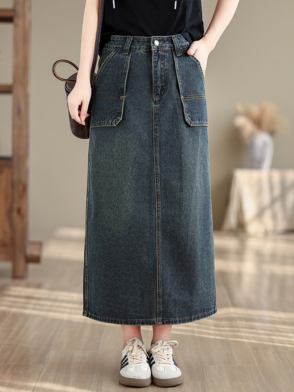 NYFS 2024 suvine uus vintage naiste teksaseelik lahtine plusssuuruses suure taskuga pikad seelikud Faldas Mujer Saias