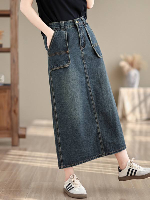 NYFS 2024 suvine uus vintage naiste teksaseelik lahtine plusssuuruses suure taskuga pikad seelikud Faldas Mujer Saias