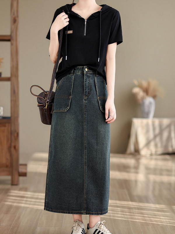 NYFS 2024 suvine uus vintage naiste teksaseelik lahtine plusssuuruses suure taskuga pikad seelikud Faldas Mujer Saias