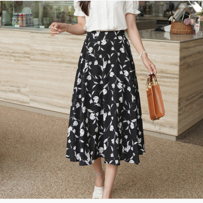 Ljetne korejske modne ženske suknje velikih veličina 5XL 2023. Labava suknja od šifona s elastičnim strukom Ženski donji dio s cvjetnim printom KE2819