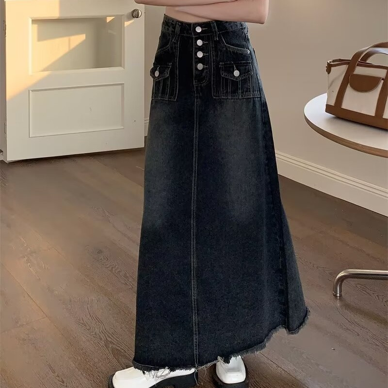 2024. Nova ulična traper suknja proljeće ljeto Moda izlizanog poruba s džepovima visokog struka Duga traper suknja Široka suknja velikih veličina S-5XL