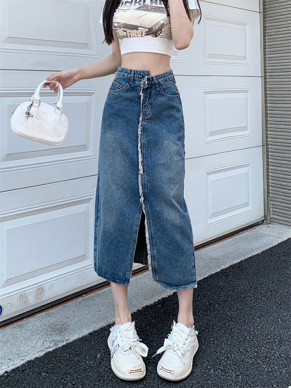 Raw Edge Traper suknje s prorezima visokog struka Ženske ljetne velike široke jeans suknje srednje dužine Ženska ulična odjeća S-5xl