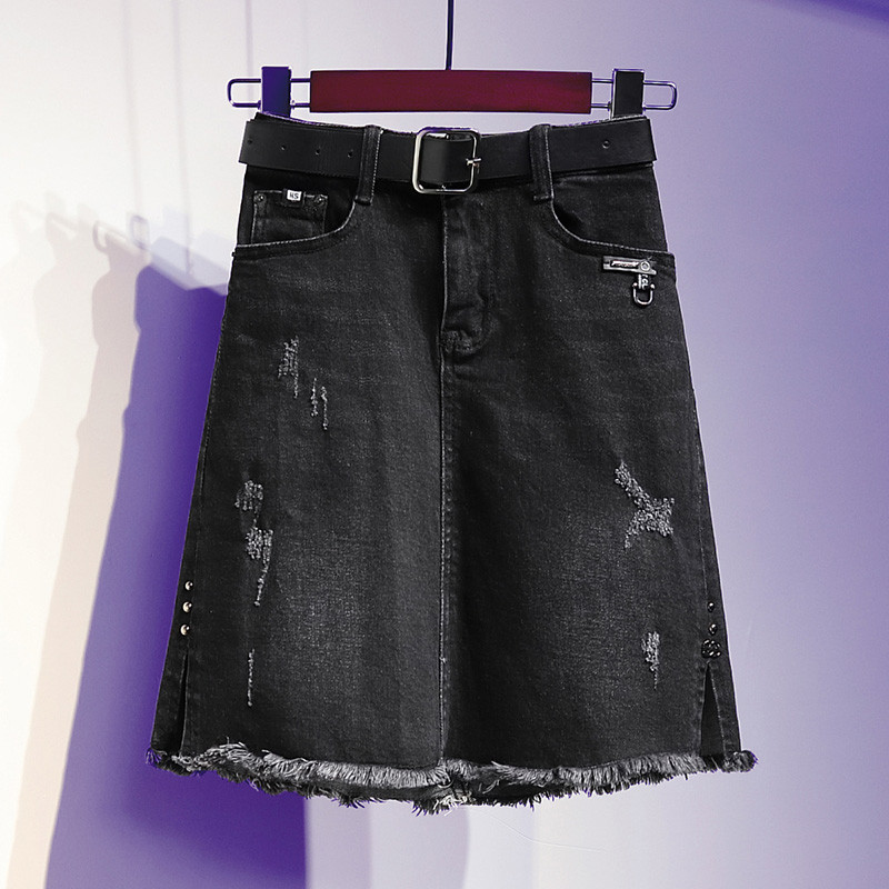 S-5XL Uus naiste mini-teksaseelik suvemoodne kõrge vöökohaga puusamähis, kulunud õhuke teksaseelik vabaaja suures suuruses must A-joonega seelik