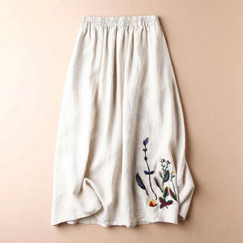 Винтидж флорални бродирани памучни ленени поли за жени Големи размери Тоалети с една линия Миди пола Отслабваща универсална разкроена пола