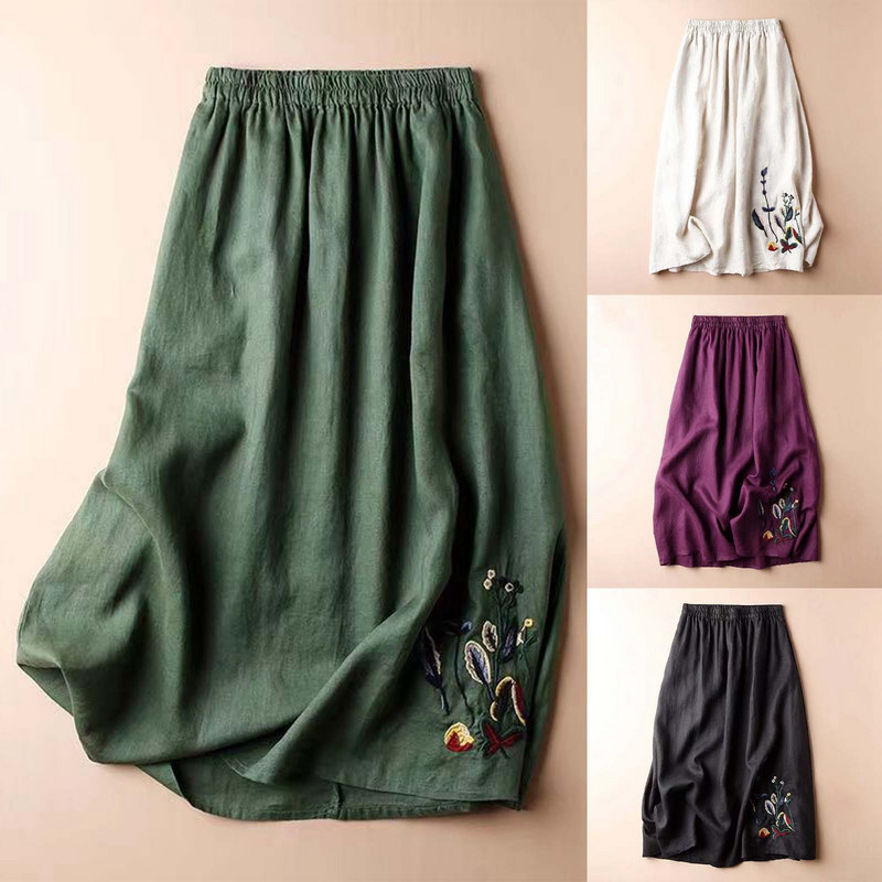 Vintage φλοράλ κεντημένες βαμβακερές λινές φούστες για γυναικείες στολές συν μεγεθών A Line midi φούστα αδυνατίσματος ευέλικτη φούστα