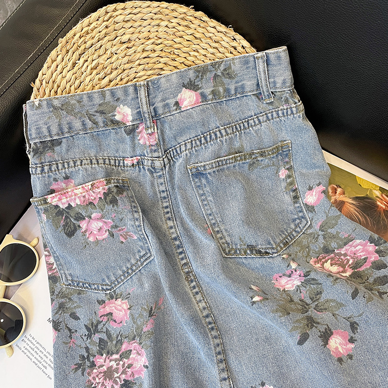 Női farmer szoknyák nyári virágmintás magas derekú, osztott A-vonalú szoknya Utcai viselet Minden meccs alkalmi farmer szoknya női