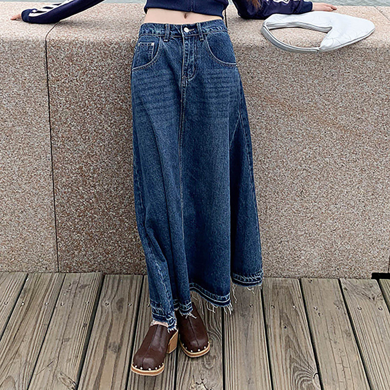 Maxi hosszú szoknya női tavaszi nyár alkalmi magas derekú farmer szoknya női toldás A vonalú fodros farmer szoknya nagy 5xl 6xl