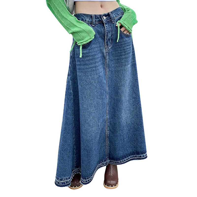 Maxi hosszú szoknya női tavaszi nyár alkalmi magas derekú farmer szoknya női toldás A vonalú fodros farmer szoknya nagy 5xl 6xl