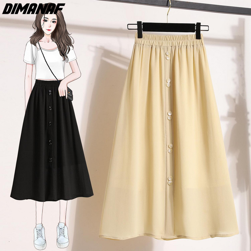 Dimanaf 2024 Fuste de vară pentru femei de mărime Plus ocazional cu talie elastică Fuste lungi solide Vintage din șifon liber 5XL