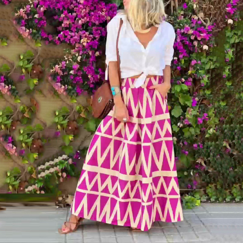 Elegáns mintás hajtogatott maxi szoknyák nyári alkalmi magas derekú hosszú szoknya Bohém stílusú női szoknyák nagy méretű elegáns strandszoknya