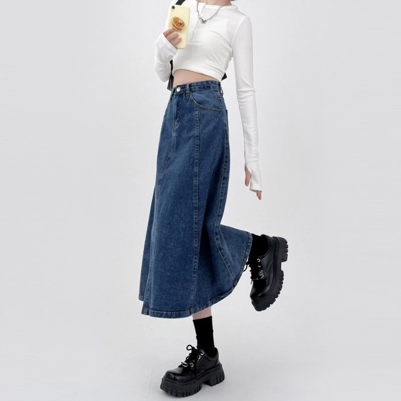 Duga traper suknja za žene 2023. Novi korejski stil, modna kišobran suknja A-kroja, vintage Y2k ženska odjeća visokog struka, velika veličina