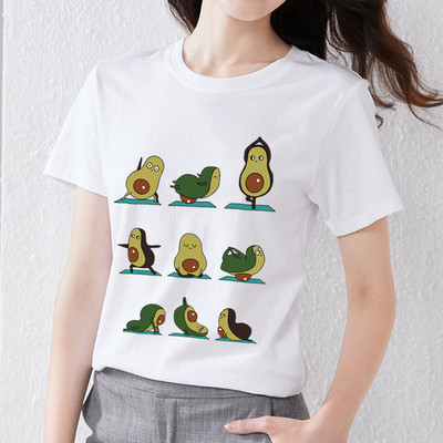 Nyári női póló Aranyos Harajuku Rajzfilm Avocado Print Fehér póló Trend O-nyak Női Kényelmes Alkalmi Nagy méretű felső