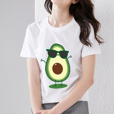 Nyári női póló Aranyos Harajuku Rajzfilm Avocado Print Fehér póló Trend O-nyak Női Kényelmes Alkalmi Nagy méretű felső